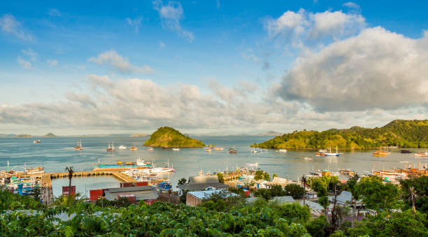 A view over the town of Labuan Bajo and harbour in the morning, Flores, Indonesia