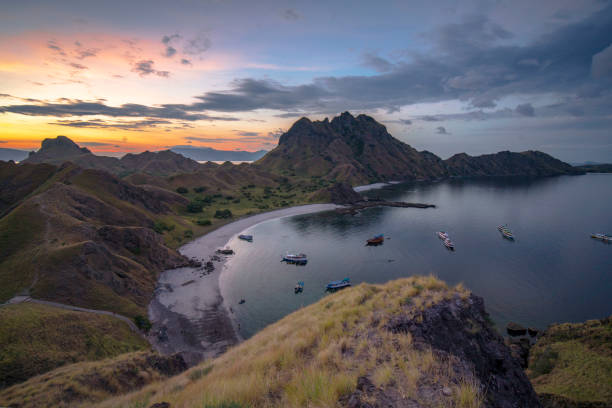 Magnificient View Of Padar Island of Labuan Bajo at sunset located in Nusa Tenggara Timur, Indonesia. This is also the UNESCO world heritages